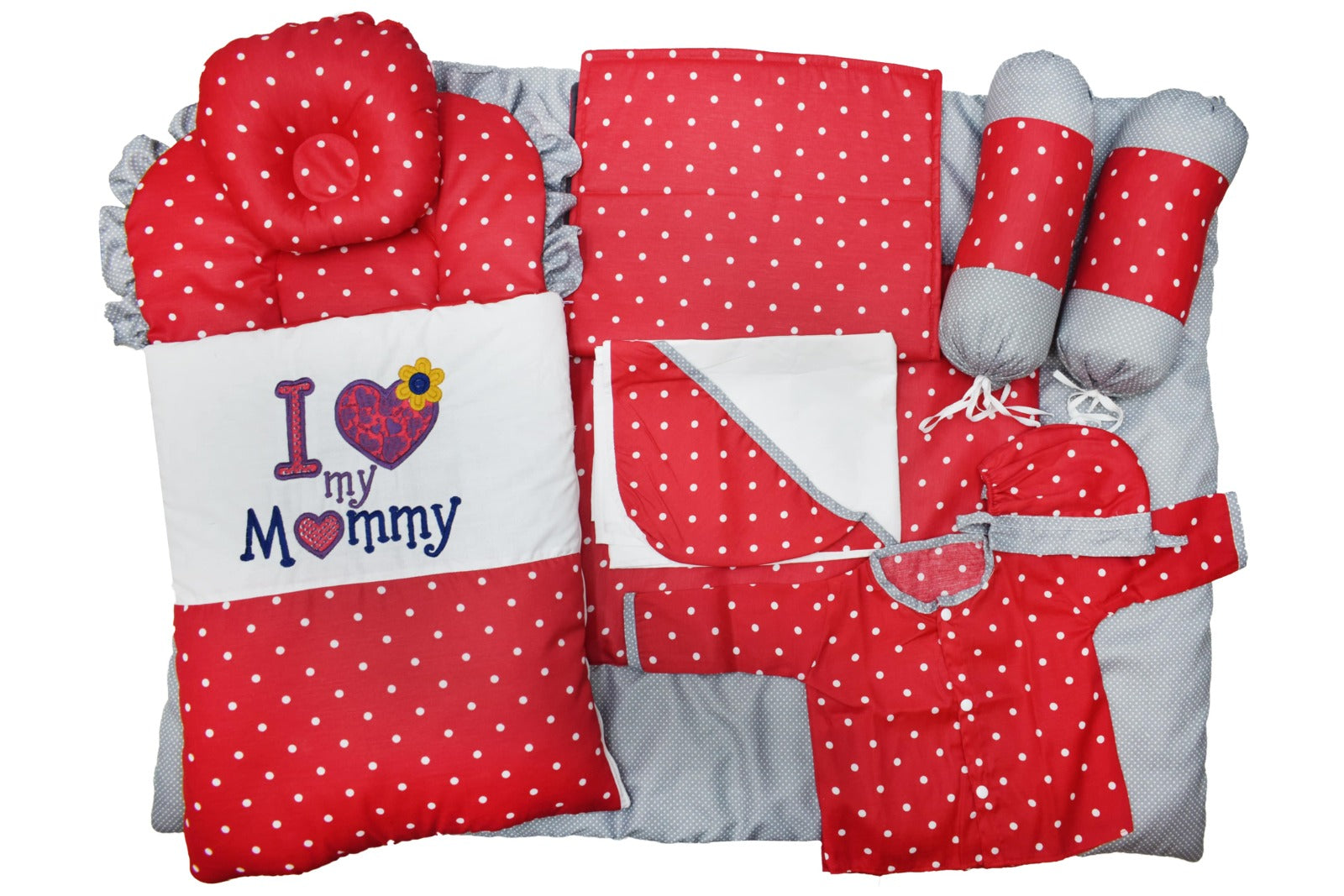 Grey Red polka dot ( I love mommy ) 9 pieces set